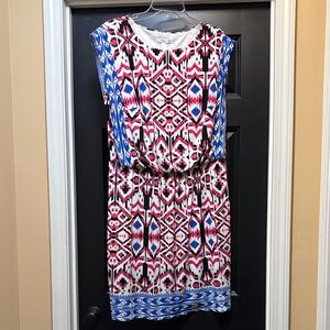 London Times Geometric Print Dress with Blue and Pink Accents